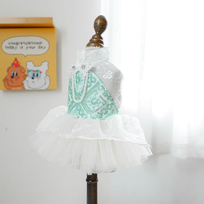 Fashion Sweet Puppy Dog Blingbling Princess Skirt Pet Dog Lace Cake Camisole Tutu Dress C-Green XS