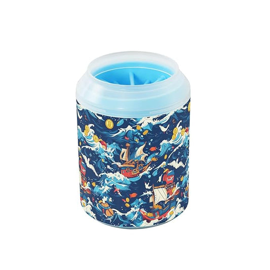 Dog Paw Cleaner Cups for Dogs Pets Foot Washer Paw Scrubber for Medium Small Cats Dogs Cleaning Cup Pirate Ship and Sea Waves Seagulls