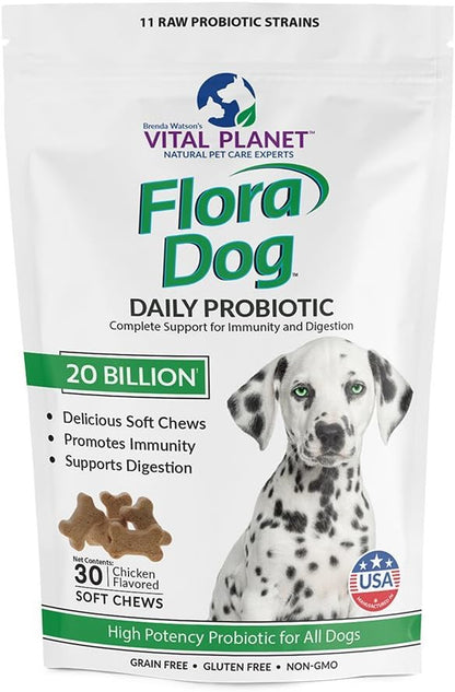 Vital Planet - Flora Dog Probiotics, Dog Chews Supplement with 20 Billion Cultures and 11 Strains, Immune and Digestive Support Chewable Probiotics for Dogs, 30 Natural Bacon Flavored Soft Chews