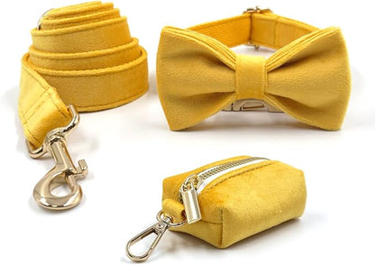 Personalized Velvet Dog Collars with Pet Name Phone Number Engraved, Custom Adjustable Soft Collar with Metal Buckle for Small Medium Large Dogs, Dog Leash and Bow Tie Available -Ginger