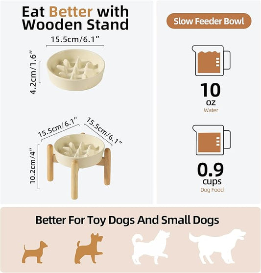 Ceramic 0.9 Cup Dog Raised Slow Feeder Set, Elevated Bowl with Wooden Stand for Small Dog, 6.1inch Pet Slow Feeder Dish for Fast Easters, Preventing Choking (Beige, Single Bowl+ Stand)