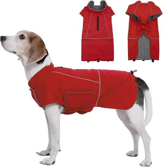 ROZKITCH Dog Raincoat Jacket, Waterproof Windproof Winter Coat with Fleece Liner and Leash Hole Reflective Strip for Large, Adjustable Poncho Vest for Outdoor Hiking Travel Red XL