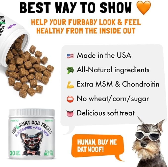 LEGITPET Hemp Hip & Joint Supplement for Dogs Soft Chews Made in USA Functional Glucosamine for Dogs Chondroitin MSM Turmeric Hemp Seed Oil Natural Pain Relief Mobility Advanced Joint 30 Treats