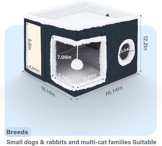 Cat Beds for Indoor Cats,Cat Cave,Cat Scratch House,Foldable Cat Cave Bed for Large and Small Pets,Fluffy Ball and Scratch Pad,16.14x16.14x12.2in,Navy Blue