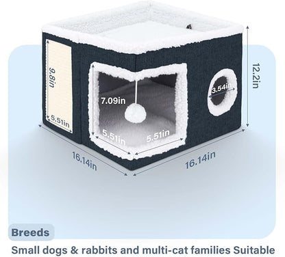 Cat Beds for Indoor Cats,Cat Cave,Cat Scratch House,Foldable Cat Cave Bed for Large and Small Pets,Fluffy Ball and Scratch Pad,16.14x16.14x12.2in,Navy Blue