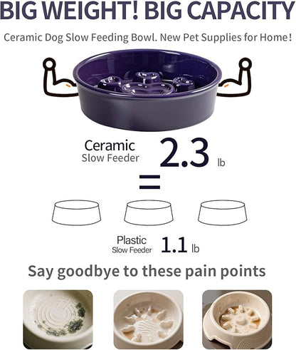 Ceramic Slow Feeder Dog Bowl, 4-Cup Anti-Slip Puzzle Feeder for Medium/Large Dogs, Indoor/Outdoor Pet Bowl for Fast Eaters - Light Blue（Love）