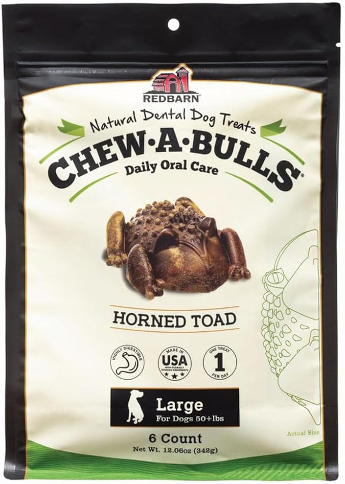 Redbarn Chew-A-Bulls, 6 Pack – Large Toad Shape Dog Dental Treats – Daily Oral Care with Fun Ridges & Grooves, All Natural Ingredients, Highly Digestible Chews & Low in Fat
