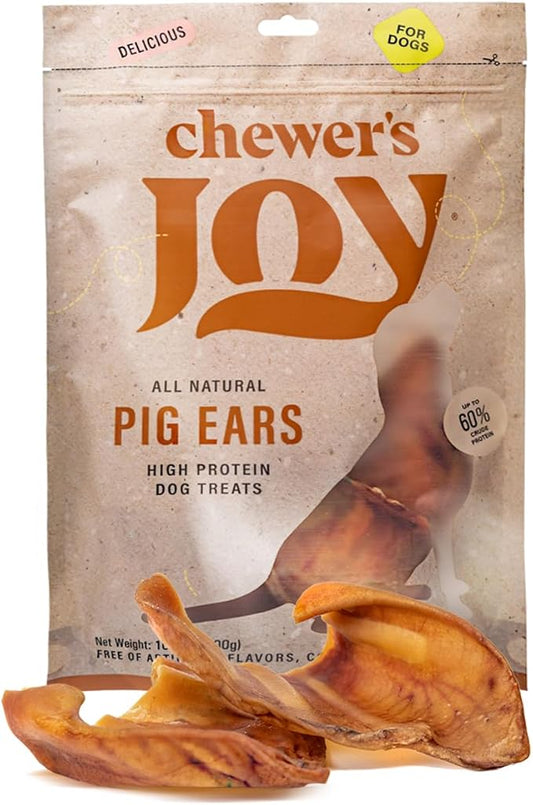 Chewer's Joy Pig Ears for Dogs – 12 Count – Natural Chew Treats – Long-Lasting, Single Ingredient, Oven-Baked – Great for Dental Health and Stress Relief