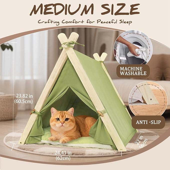 Dog Teepee Tent Bed Indoor,Pet Teepee House for Small Dogs & Cats,Thick Washable Cushion,Portable Dog Tent Bed, Puppy Play House,Grass Green