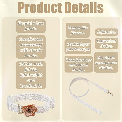 PLIGREAT Lace Puppy Collar, Beige Dog Collar and Leash Set Adjustable Lace Dog Collars with Flower Handmade Embroidered Metal Clasp for Large Dogs Pet Wedding Party Birthday Outfit, L