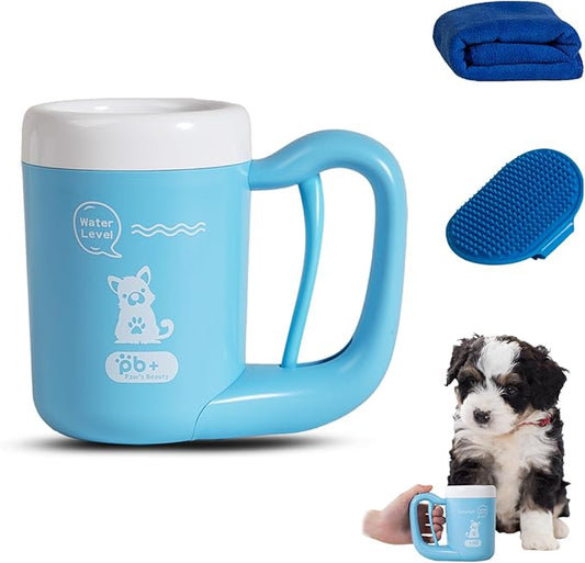 Medium Pet Paw Cleaner Cup - Easy Press Design Dog Foot Washer with Soft Massage Brush & Absorbent Towel - Reusable Durable Paw Cleaning Cup for Dogs Cats, Easy to Clean Handheld Bath Tool