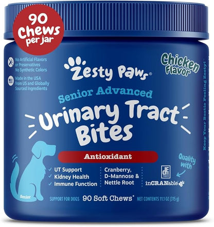 Zesty Paws Senior Cranberry Supplement for Dogs - Bladder Control for Senior Dogs - Urinary Tract Support - Cranberry Chews - Immune & Gut Support - Chicken - 90 Count
