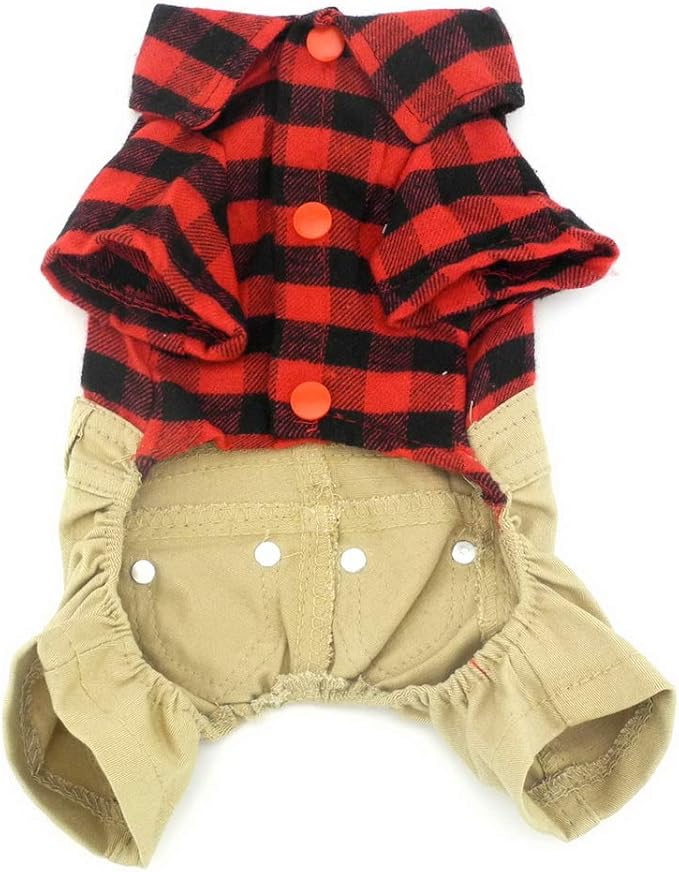 SMALLLEE_LUCKY_STORE Pet Clothes for Small Dog Cat Red Plaid Shirts Sweater with Khaki Overalls Pants Jumpsuit Outfits M