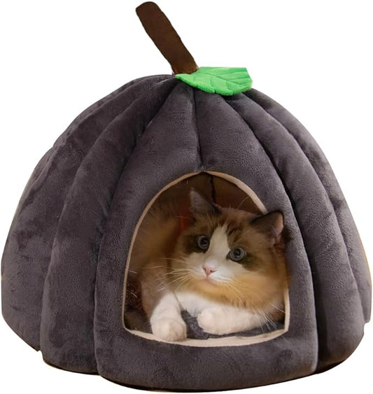 Cat Beds for Indoor Cats, Cute Pumpkin Shape Cat Tent with Removable Cushion Warm Cave Nest Bed Puppy House, Cat Small Dog (Dark Gray)
