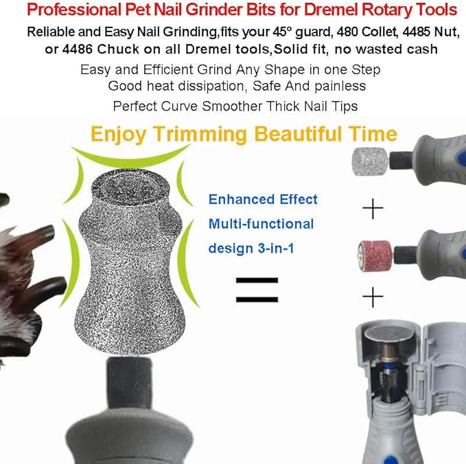 For Dremel 7760-PGK & 7350-Pet Dog Nail Grinder Attachment - 7760-Pet Diamond Bit Refill & Replacement Head Tips for Thick Nails, 5-150 lbs Small to Large Pet Dog/Cat Stress-free Grooming Tool, 2-Pack