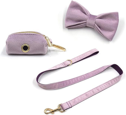 Personalized Velvet Dog Collars with Pet Name Phone Number Engraved, Custom Adjustable Soft Collar with Metal Buckle for Small Medium Large Dogs, Dog Leash and Bow Tie Available -Light Purple