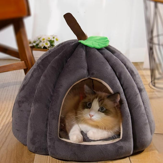 Cat Beds for Indoor Cats, Cute Pumpkin Shape Cat Tent with Removable Cushion Warm Cave Nest Bed Puppy House, Cat Small Dog (Dark Gray)