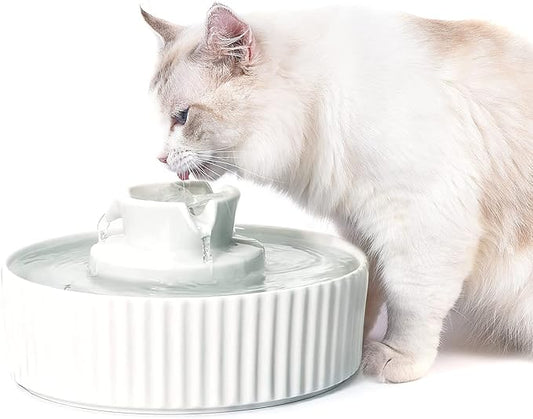Ceramic Cat Water Fountain, Pet Ceramic Water Fountain Dispenser, 2.1 L Drinking Fountains Bowl for Cats and Dogs with Replacement Filters and Foam(White)
