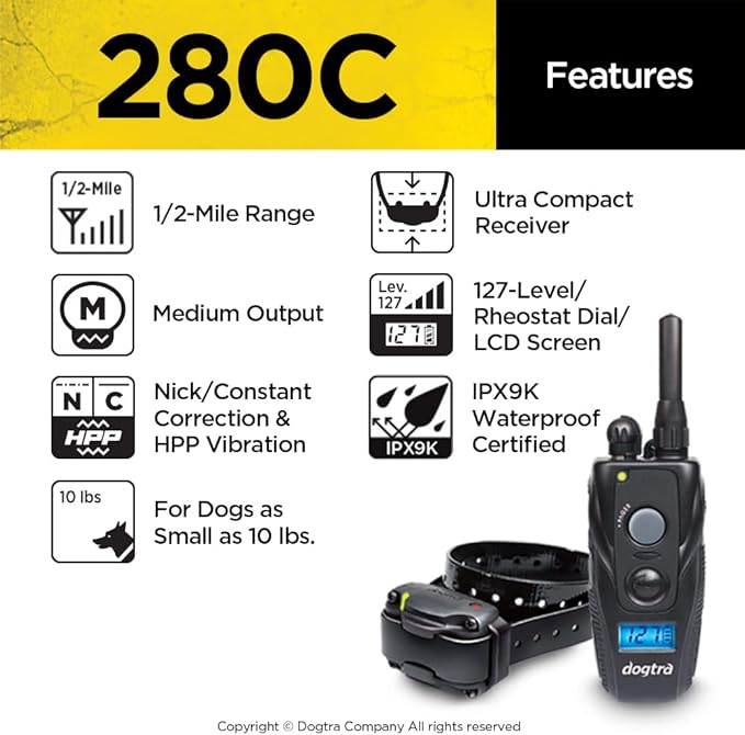 Dogtra 280C Waterproof 127-Level Precise Control LCD Screen 1/2-Mile Remote Training Dog E-Collar