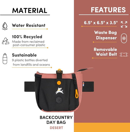OllyDog Backcountry Day Bag | Hands-Free Dog Training Treat Pouch | Fanny/Hip Pack with Zipper Closure & Built-in Poop Bag Dispenser | Removable Waist Clip (Desert)