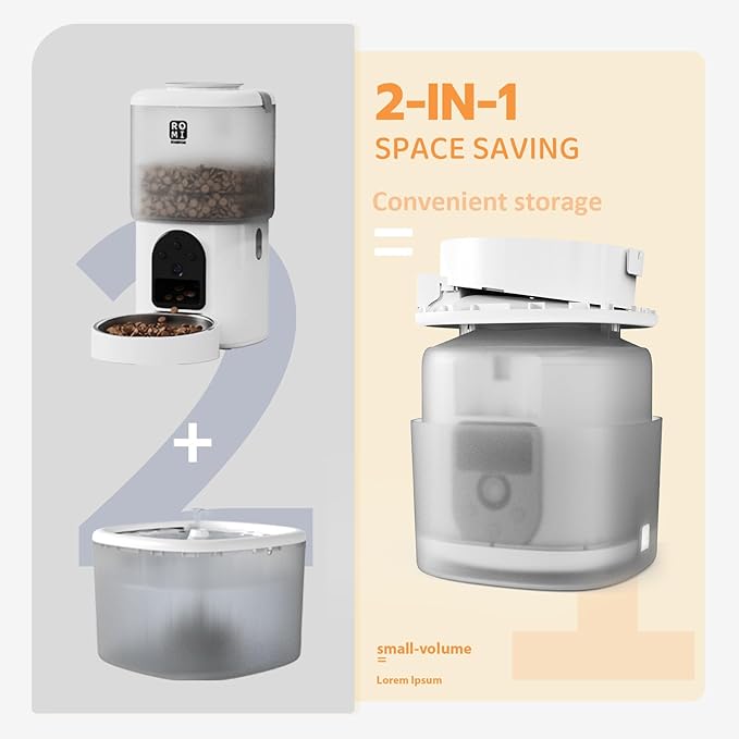 Romiromi 7L 2-in-1 Automatic Cat Feeder with Camera and Water Fountain Dispenser 1080P HD Video 2.4G&5G WiFi Timed Auto Feeder with APP Control,Multiple Cats, Detachable for Easy Clean-White