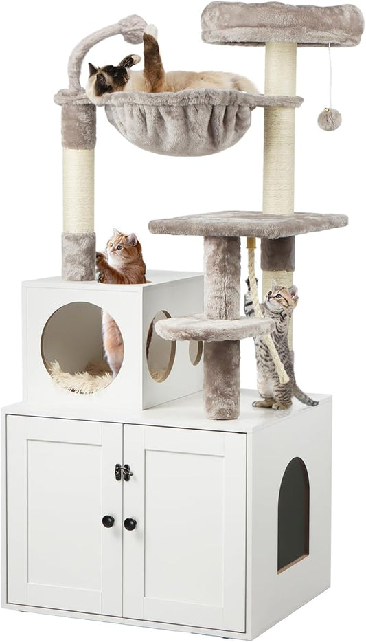 Cat Tree with Litter Box Enclosure, 2-in-1 Cat Tower for Indoor Cats, Large Wood Cat Condo with Basket, Scratching Posts, Pompoms, White
