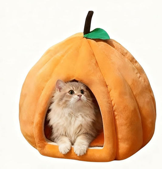 Cat Bed for Indoor Cats - Adorable Cozy Pumpkin Cat Cave with Removable Cushion, Super Soft Pet House Tent for Kittens & Small Pets, Warm & Washable Non-Slip Design(S 15 inch Orange)