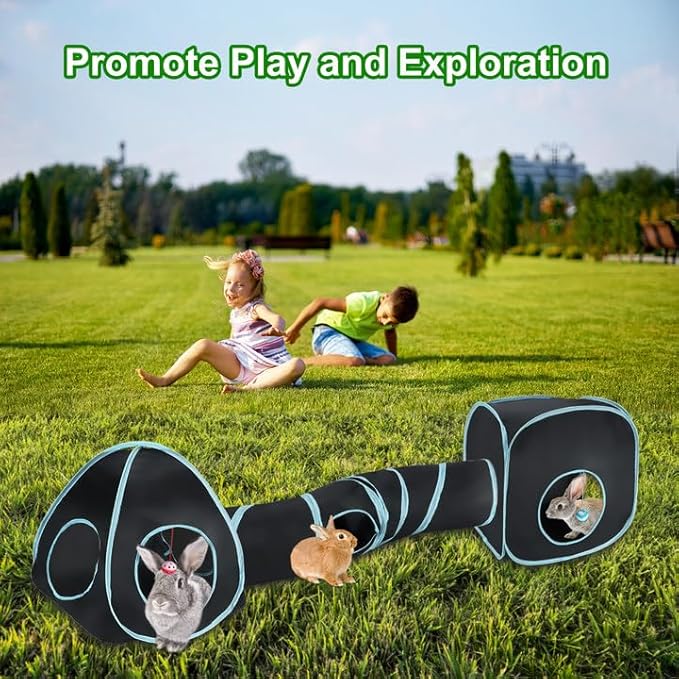 BWOGUE Bunny Tunnels & Tubes Collapsible Rabbit Hideout Tube and Foldable Cubes Playground Small Animal Activity Hideaway for Dwarf Rabbits Bunny Guinea Pigs Kitty (Blue Black)