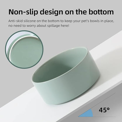 Ceramic 7.3inch Raised Double Bowls Set with Wooden Stand, Food & Water Bowls for Medium Breed Dogs, Weighted Dog Dishes, Pet Feeder(Light Green)