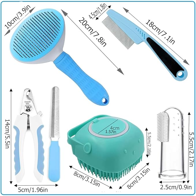 7pcs Pet Grooming Kit, Self-Cleaning Brush Shedding Kit with Nail Clipper, Flea Comb, Shampoo Bath Brush, Finger Toothbrush, Storage Bag (Blue)