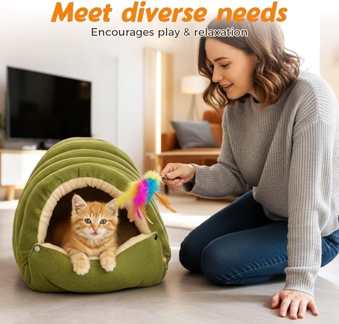 Cat Dog Cave Bed, 2026 New Winter Cave for Dog and Cat, Warm Plush Covered Cat House with Removable Cushion, Soft Sleeping Bed for Indoor Cats (Green, Large)