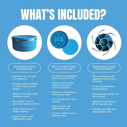 Heavy Duty Stainless Steel Dog Bowl with Premium Accessories – Slow Feeder Insert & Multi-Use Lick Mat Lid | Non-Slip, Durable | Reduce Gulping & Add Enrichment | 64 oz | Medium to XL Dogs (Eli Blue)