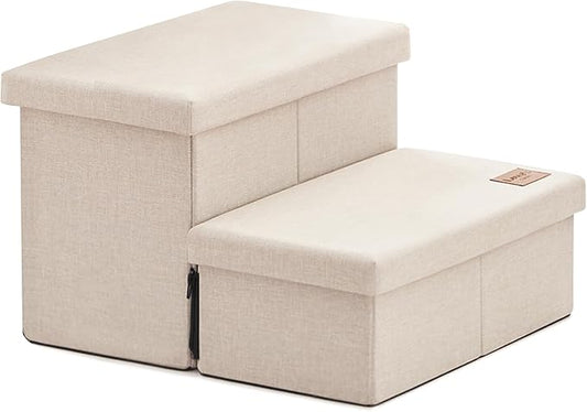 Love's cabin Dog Stairs with Storage 13" H,Foldable Pet Stairs for Small Medium or Large Dogs,Cat Puppy Steps Ramp with Zip up to 150 lbs(Beige,2 Steps no Condo)