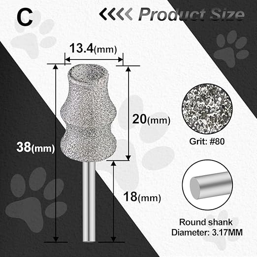 Diamond Dog Nail Grinder Bits - FOCSTOL Diamond Rotory Bit for Dogs&Pets, 5pcs 1/8'' Rotary Nail Grinder Bits for Animals Nail Care (Type C)