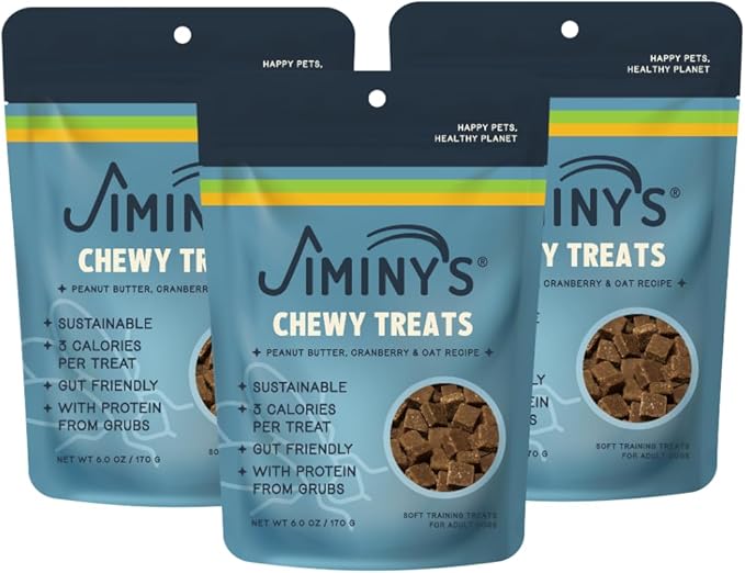 Jiminy's Chewy Training Treats for Dogs, Low Calorie, Hypoallergenic Insect Protein, Made in USA, 6oz, Peanut Butter & Cranberry (Pack of 3)