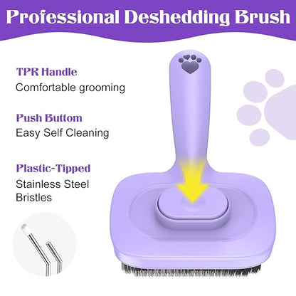 Self Cleaning Dog Brush for Shedding - Bristle Brush and Long/Short Needles Design, Skin Friendly, Slicker Deshedding Dog Brush, Hair Removal for Long & Short Haired Pets (Purple)