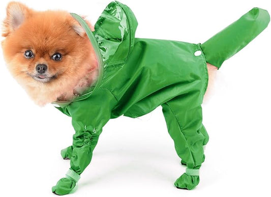 SMALLLEE_LUCKY_STORE Cute Raincoat for Small Dogs with Hood and Boots Detachable Tail Puppy Botton Down Rain Jacket Full Boby 4 Leg Jumpsuit Waterproof Lightweight Clothes,Green,XL