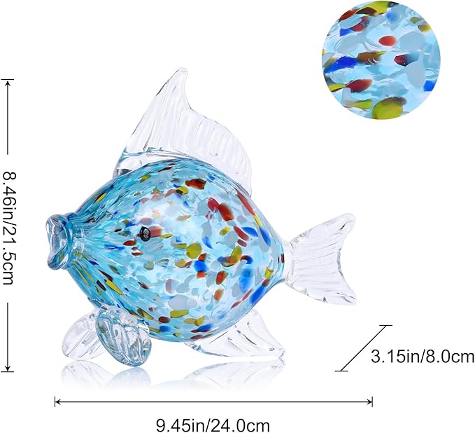 LCCCK Large Hand Blown Glass Fish Figurines, Aquarium Sea Glass Art, Fish Statue Sculpture Modern Coastal Accent - for Beach Knick Knacks, Coffee Tables, Nautical Offices Centerpiece (Aqua)