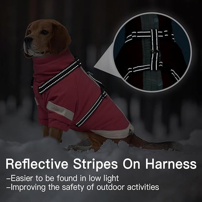 XX-Large Dog Winter Coat with Harness 2 in 1-for Walk The Dogs| Thick and Warm Lining for Cold Winter,Turtleneck Windproof Snowsuit with Sleeves,Night Reflective Harness(Pink)