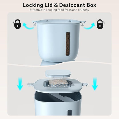 Automatic Cat Feeder and Water Dispenser FW1, Wire or Battery Cat Food Dispenser Timer Pet Feeder - Locking Lid, Desiccant Bag, Programmable Portion Control, 4 Daily Meals, 10s Voice Recorder-Blue