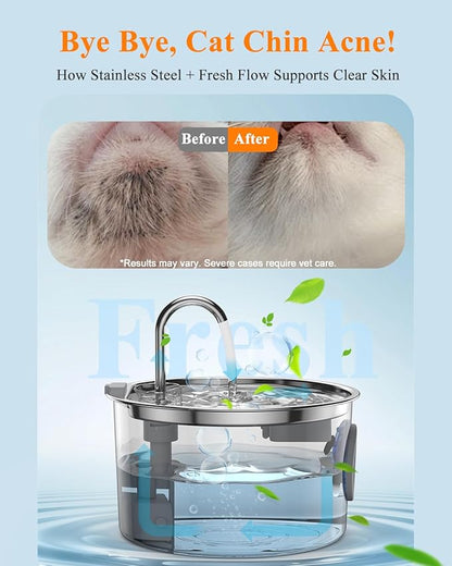 Cat Water Fountain Stainless Steel, 3.2L/108oz Automatic Pet Drinking Dispenser with Faucet & Flower Mode, Electric Metal Water Bowl for Indoor Cats S/M Dogs Pets, Quiet Waterer w/ 8 Filters & Sponges