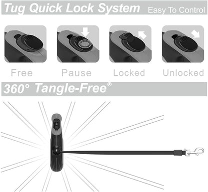 TUG 360° Tangle-Free Retractable Dog Leash with Anti-Slip Handle | 16 ft Strong Nylon Tape | One-Handed Brake, Pause, Lock (Large, Grey)