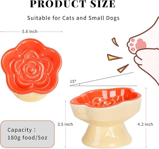 S&Q's CERAMICS Raised Slow Feeder Cat Bowl, Ceramic Glass Elevated Pet Food Bowl Small Dogs Slow Feeder, Flower Shaped Cute Dish for Dry and Wet Food (Orange, 5.8")