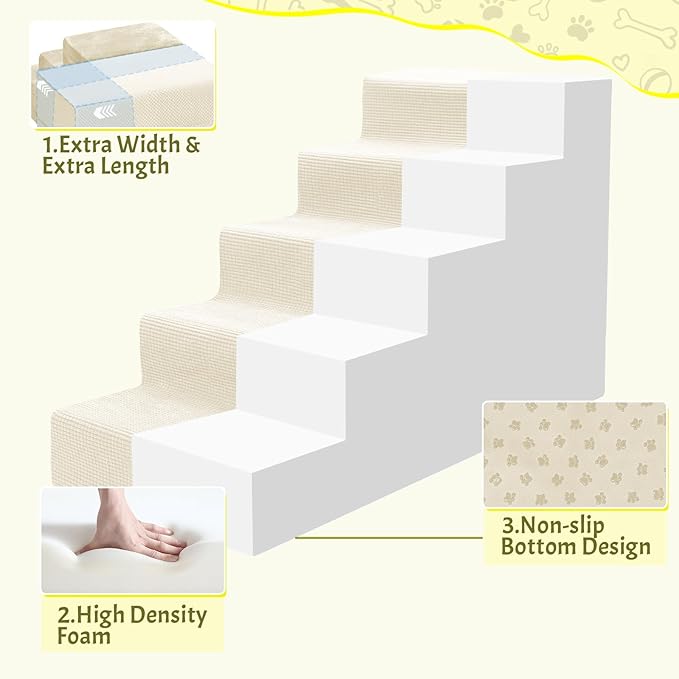 Niubya Dog Stairs for Small Dog and Cats,23”H Non-Slip Bottom Pet Steps for High Beds and Couch,High-Density Foam Pet Stairs White,5 Steps