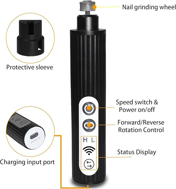 Dog Nail Grinder with 6 LED Lights, One-Touch Reverse, 2-Speed Professional, Super Quiet and Low Vibration Electric Pet Nail Trimmer for Painless Grooming Large, Medium, Small Dogs and Cats (Black)