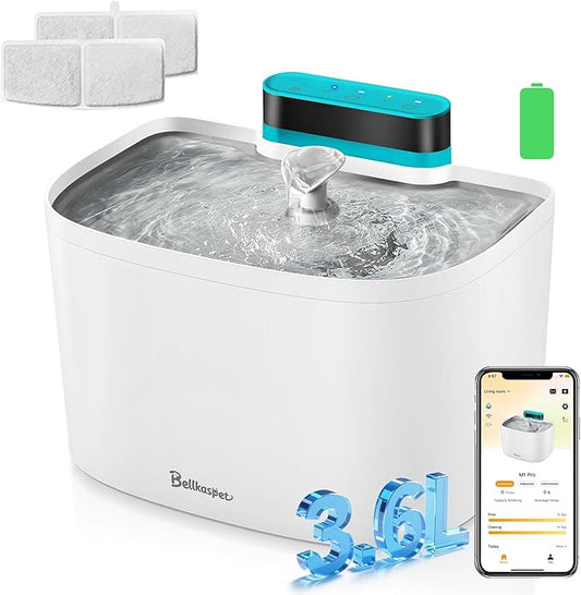 Cat Water Fountain, App Control Wireless Cat Fountain, 122oz/3.6L Pumpless Water Fountains for Cats Indoor with Stainless Steel Tray, Wi-Fi Dog and Pet Water Fountain (White, Fountain+2 Fliters)