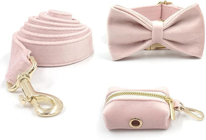 Personalized Velvet Dog Collars with Pet Name Phone Number Engraved, Custom Adjustable Soft Collar with Metal Buckle for Small Medium Large Dogs, Dog Leash and Bow Tie Available -Pink