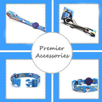 azuza Dog Collar and Leash Set, Adjustable Dog Collar with Matching Leash for Medium Dog, Blue Rainbow Unicorn Dog Collar Leash Combo Set
