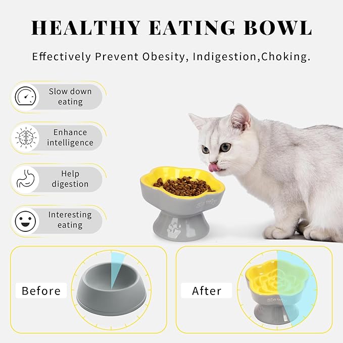 S&Q's CERAMICS Raised Slow Feeder Cat Bowl, Ceramic Elevated Food Bowl Small Dogs Slow Feeder, Flower Shaped Cute Pet Dish for Dry and Wet Food (Yellow, 5.8")