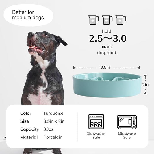 Slow Feeder,Ceramic-Slow Feeder Dog Bowls,Puzzle Food Bowl Maze,2.5 Cups Slow Feed Dog Bowl for Medium and Large Breed Dogs,Turquoise